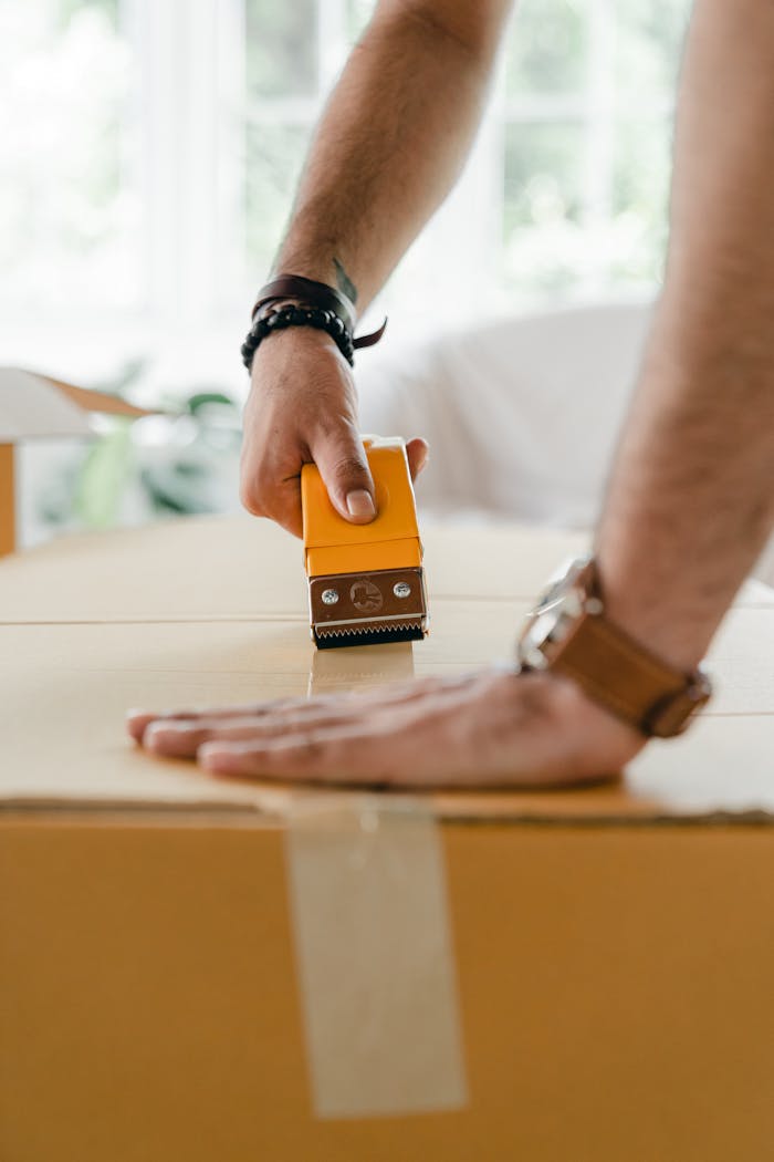 mobile-01 Side view of crop anonymous man packing cardboard box using scotch tape dispenser while preparing personal items for moving to new apartment